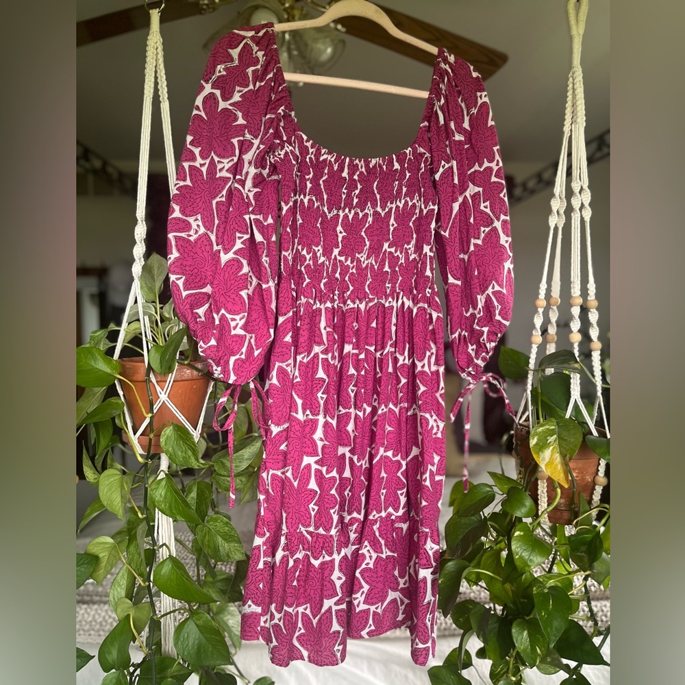 Pink Floral Smocked Knee Length Cotton Dress - Picture 2 of 7